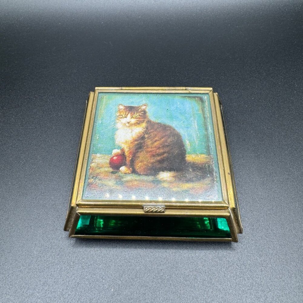 VIVA Stephen Mackey Cat Leaded Glass, Hinged Lidded Box trinket 90s vintage cat